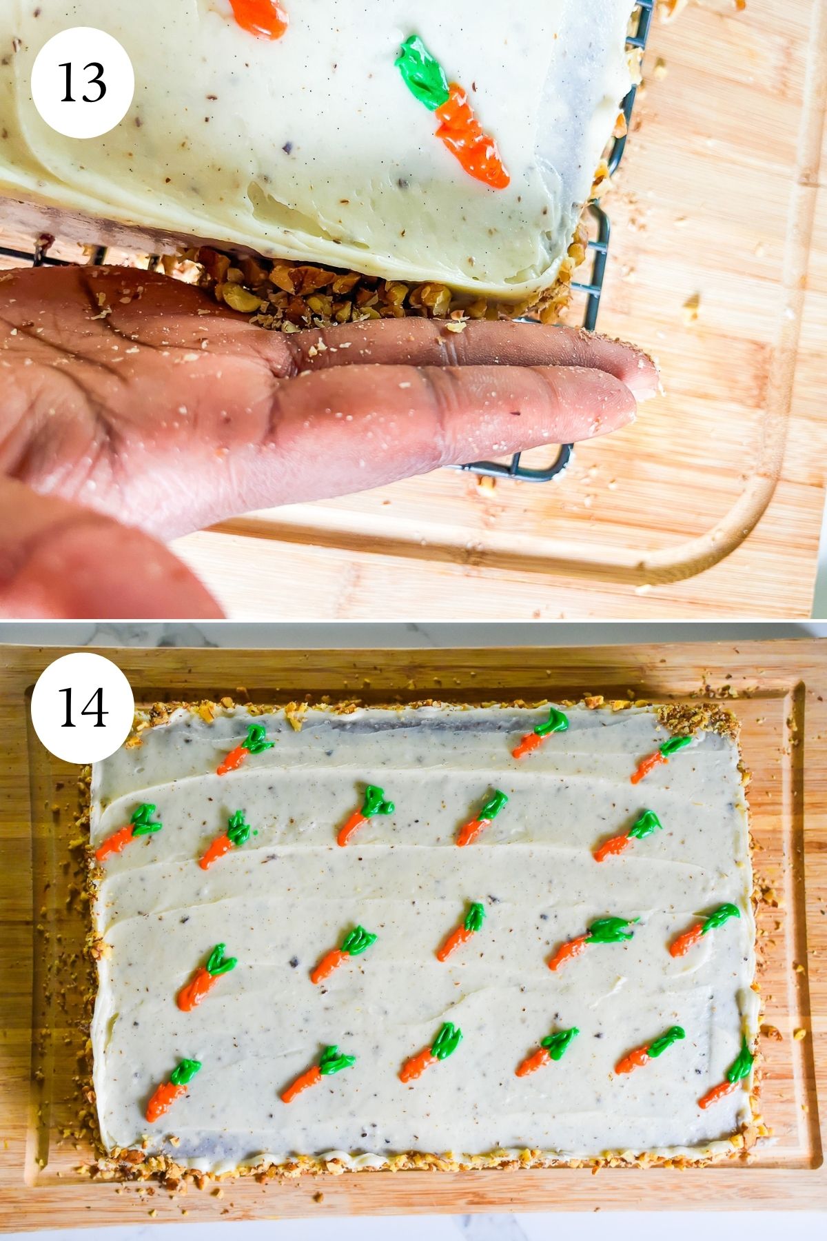 brown hand decorating a frosted carrot cake with chopped walnuts.