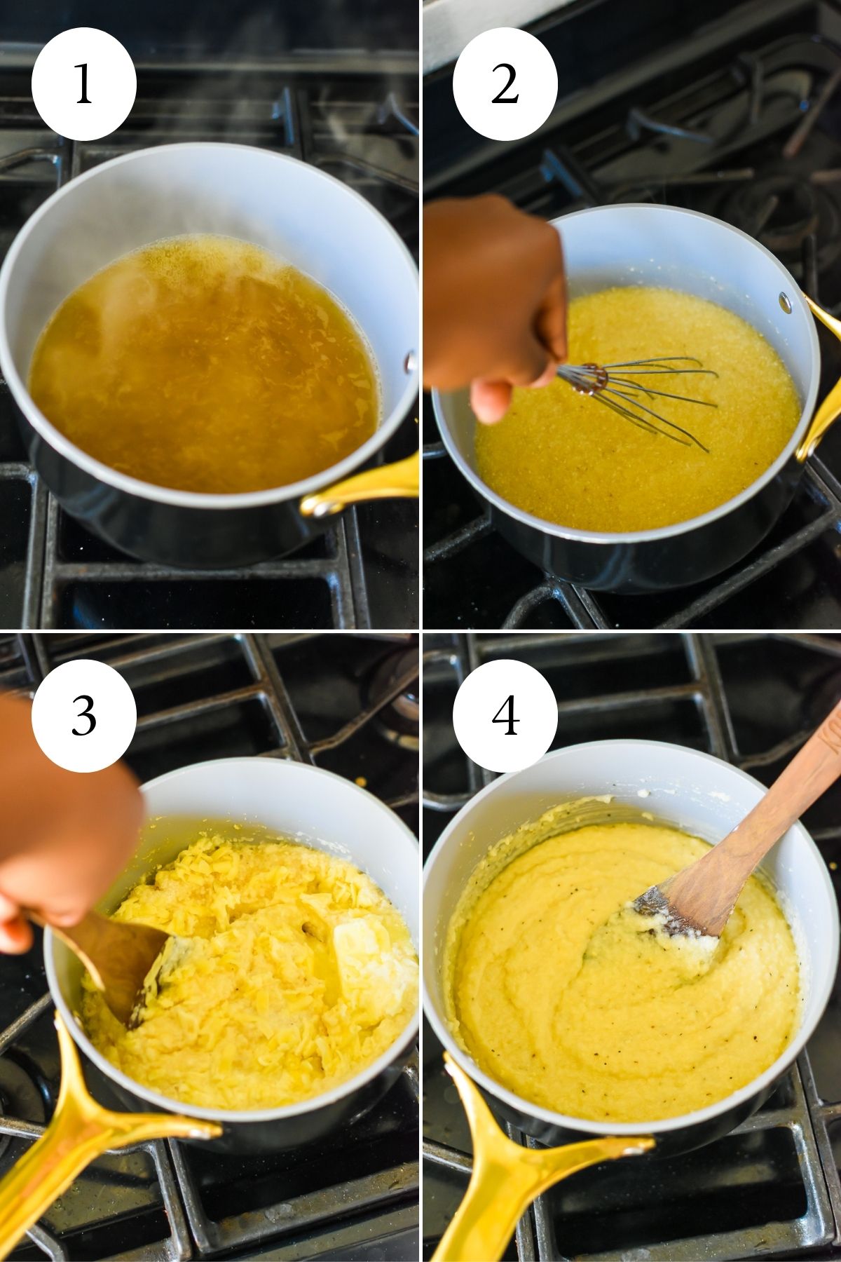 step-by-step process of making a cheese quick grits recipe: saucepan of boiling chicken broth, brown hand whisking grits into broth, then stirring butter, cheese, cream, and spices into cooked grits.