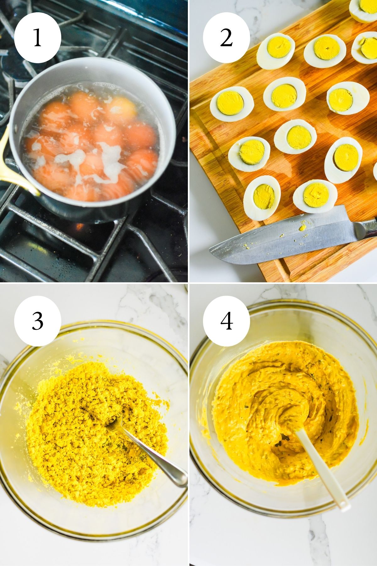 how to make southern-style deviled eggs step-by-step: boiling eggs on stove top, hard boiled eggs cut in half on a wooden cutting board, smashed yolks, and mix filling in a glass bowl.