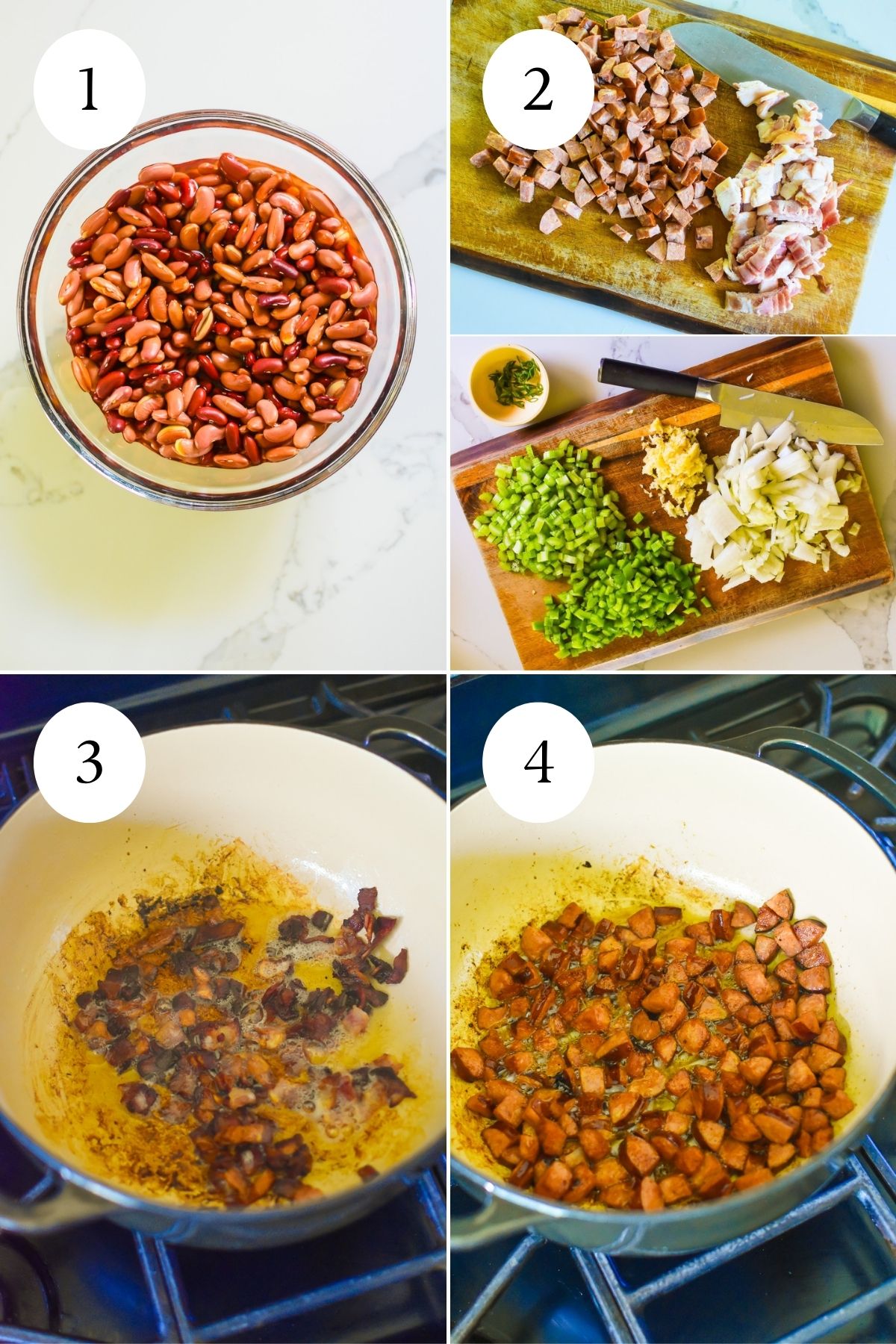 step by step of how to cook homemade red beans and rice: soaking red beans in water, diced and chopped aromatics and smoky meats, cooking bacon and Andouille sausage in a Dutch oven on the stove.