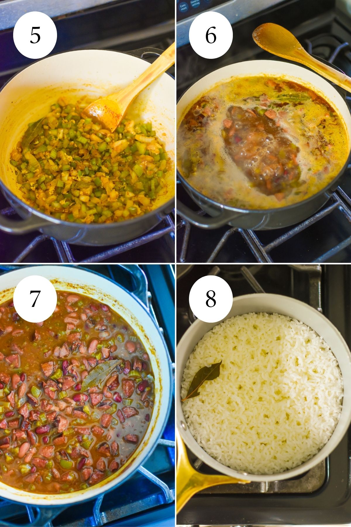 blooming Holy Trinity plus garlic with bay leaves and spices, boiling red beans with sausage on stove top, cooked red beans in thick gravy, freshly cooked white rice in a saucepan with a bay leaf.
