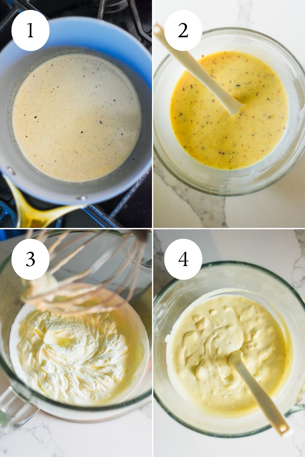 steps to making Jazzmine's vanilla bean ice cream base recipe: infusing vanilla bean paste into heavy cream then mixing it with sweetened condensed milk, making fresh whipped cream, then folding it into the condensed milk mixture.