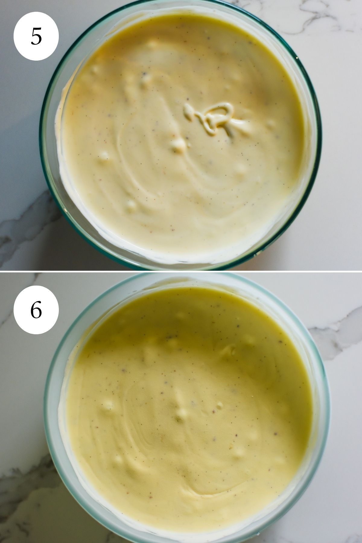 before and after freezing an easy vanilla ice cream recipe at home in freezer-safe, glass bowl.