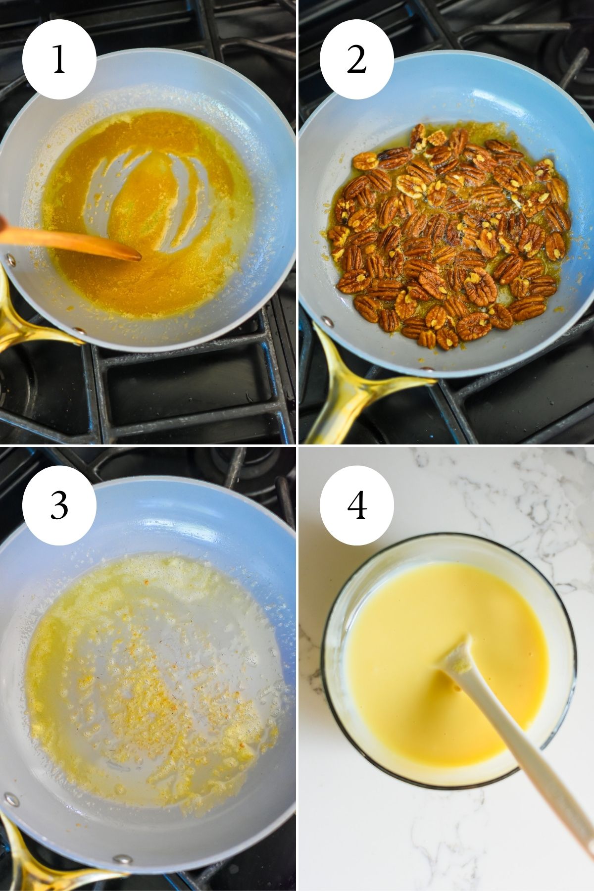 step-by-step of how to make pecans for butter pecan ice cream: melted butter and brown sugar in a skillet followed by whole pecans candying in the mixture; browned butter in skillet and mixed ice cream base with sweetened condensed milk.