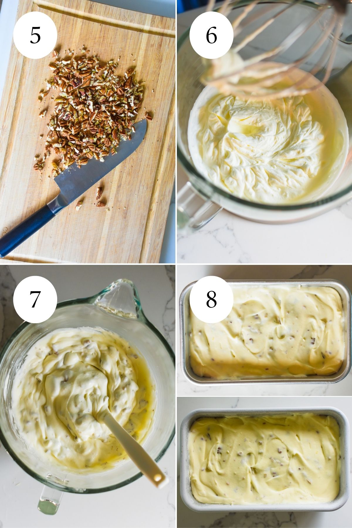 chopped pecans on cutting board, whipped cream made from scratch in stand mixer bowl, butter pecan ice cream base mixed in mixer bowl, frozen butter pecan ice cream in stainless steel loaf pan.