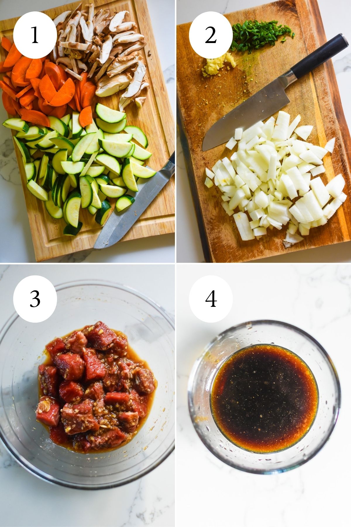 prep steps for a hibachi stir fry recipe: zucchini, carrots, and mushrooms cut into half moons, minced ginger and garlic, sliced scallions, and diced onion on cutting boards; cubed sirloin in hibachi steak marinade; and fried rice sauce mixed in a glass bowl.