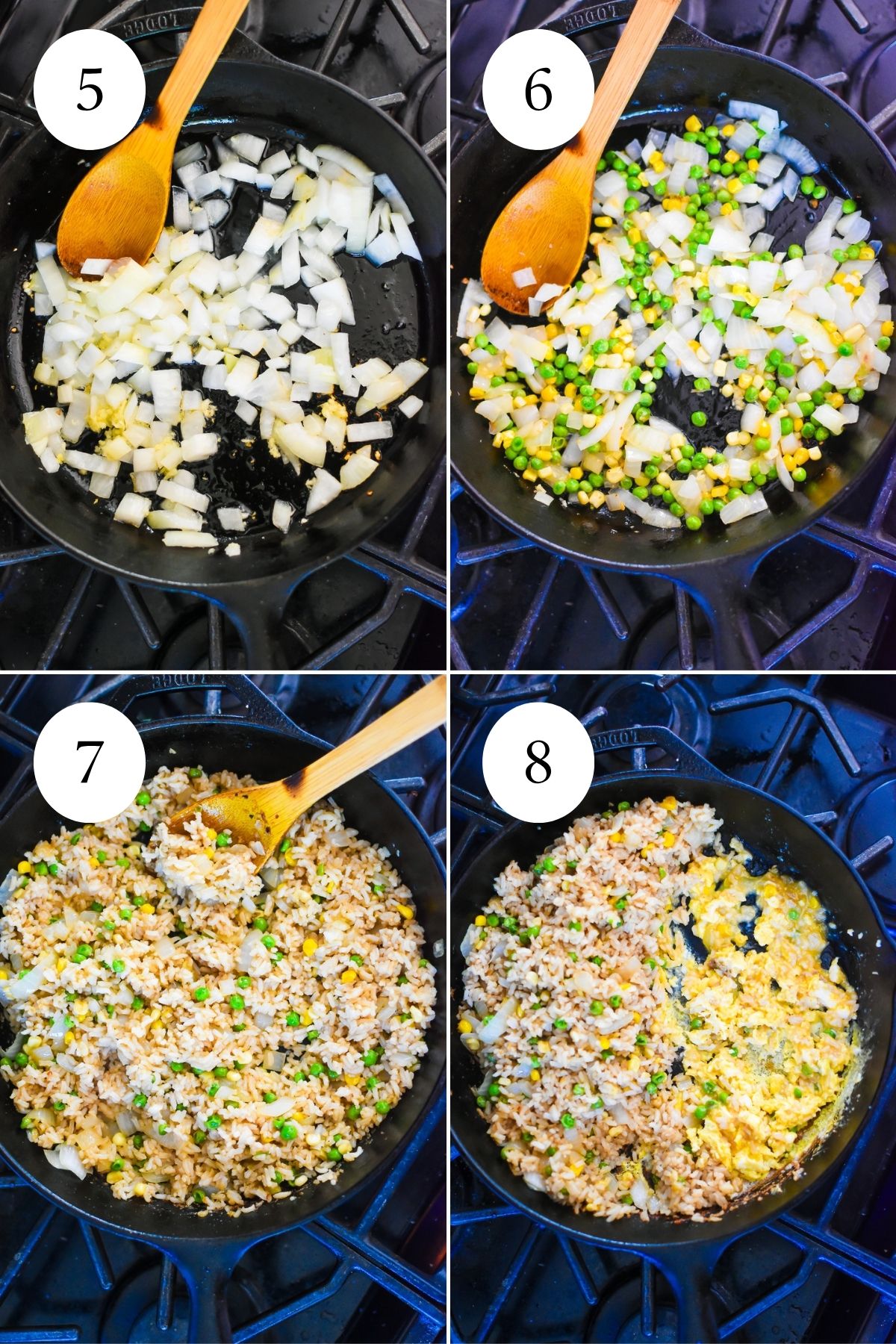 Making the rice for a hibachi steak and fried rice recipe in a cast iron skillet on stovetop.