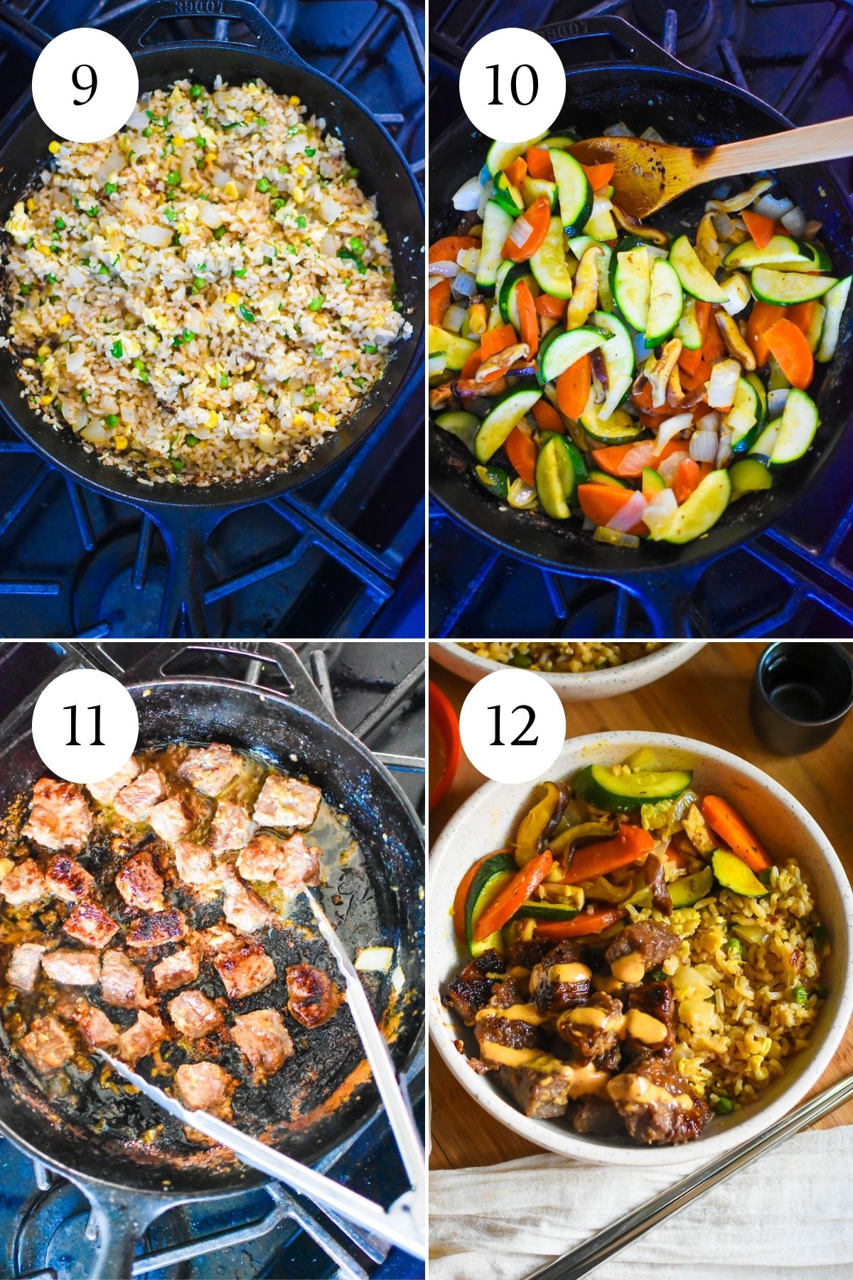 finishing steps for how to make easy hibachi at home: tossed fried rice, sauteeing cut vegetables, and cooking homemade hibachi steak bites in a cast iron skillet.