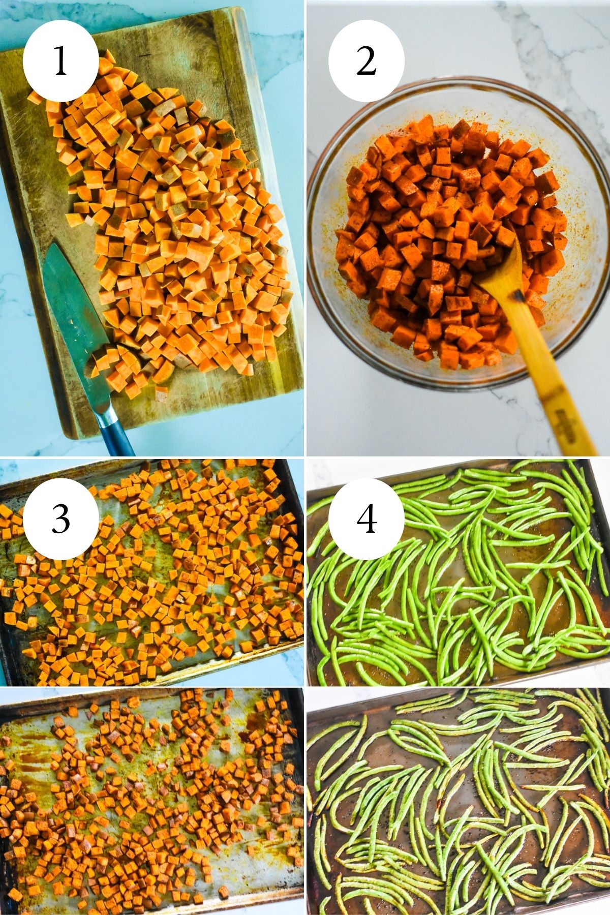 preparing and roasting vegetables for high protein ground beef bowls: cubed sweet potatoes on a cutting board, tossed with spices and avocado oil, then spread on a pan and roasted; fresh green beans on a sheet pan before and after baking.