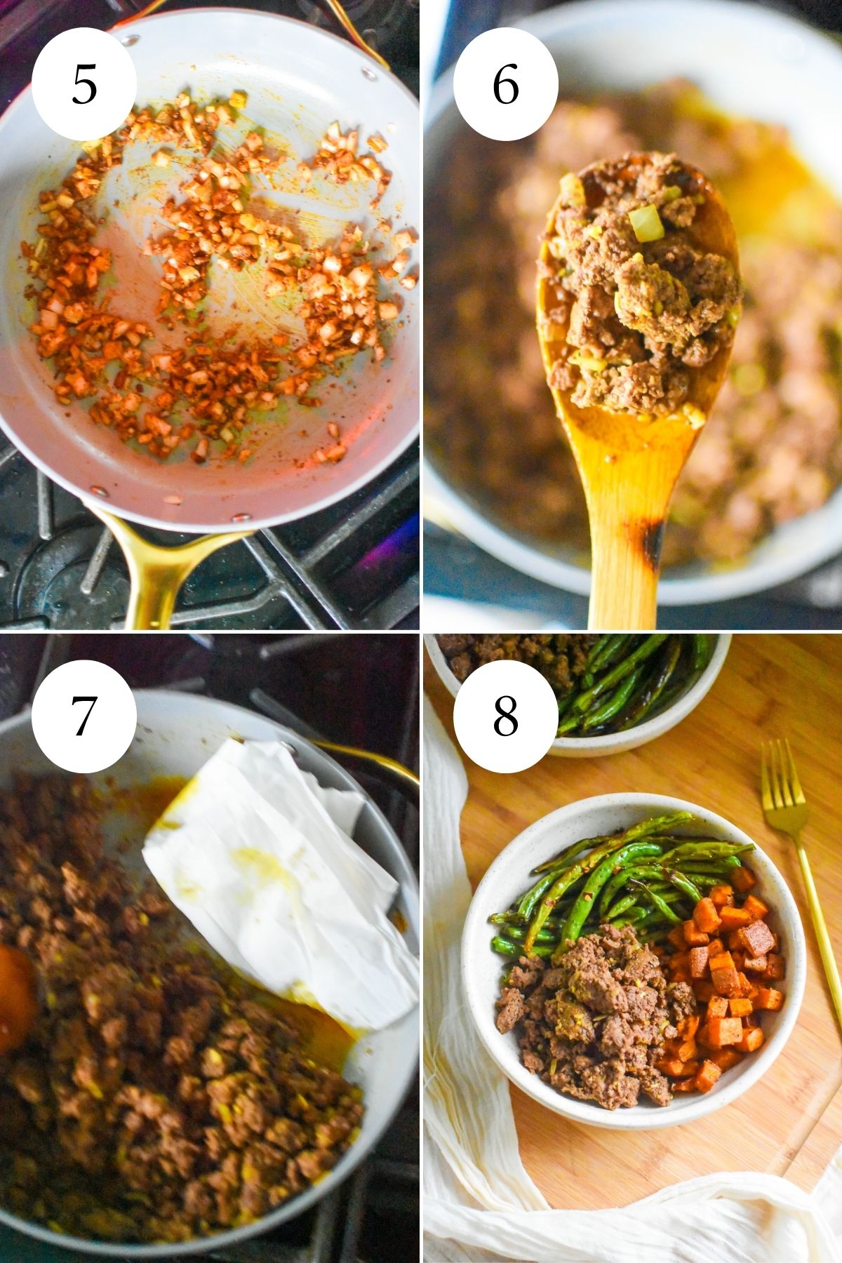 bloomed aromatics in a skillet, mixed with browned lean ground beef, a paper towel in one side of the skillet soaking up excess oil, followed by an assembled power bowl.