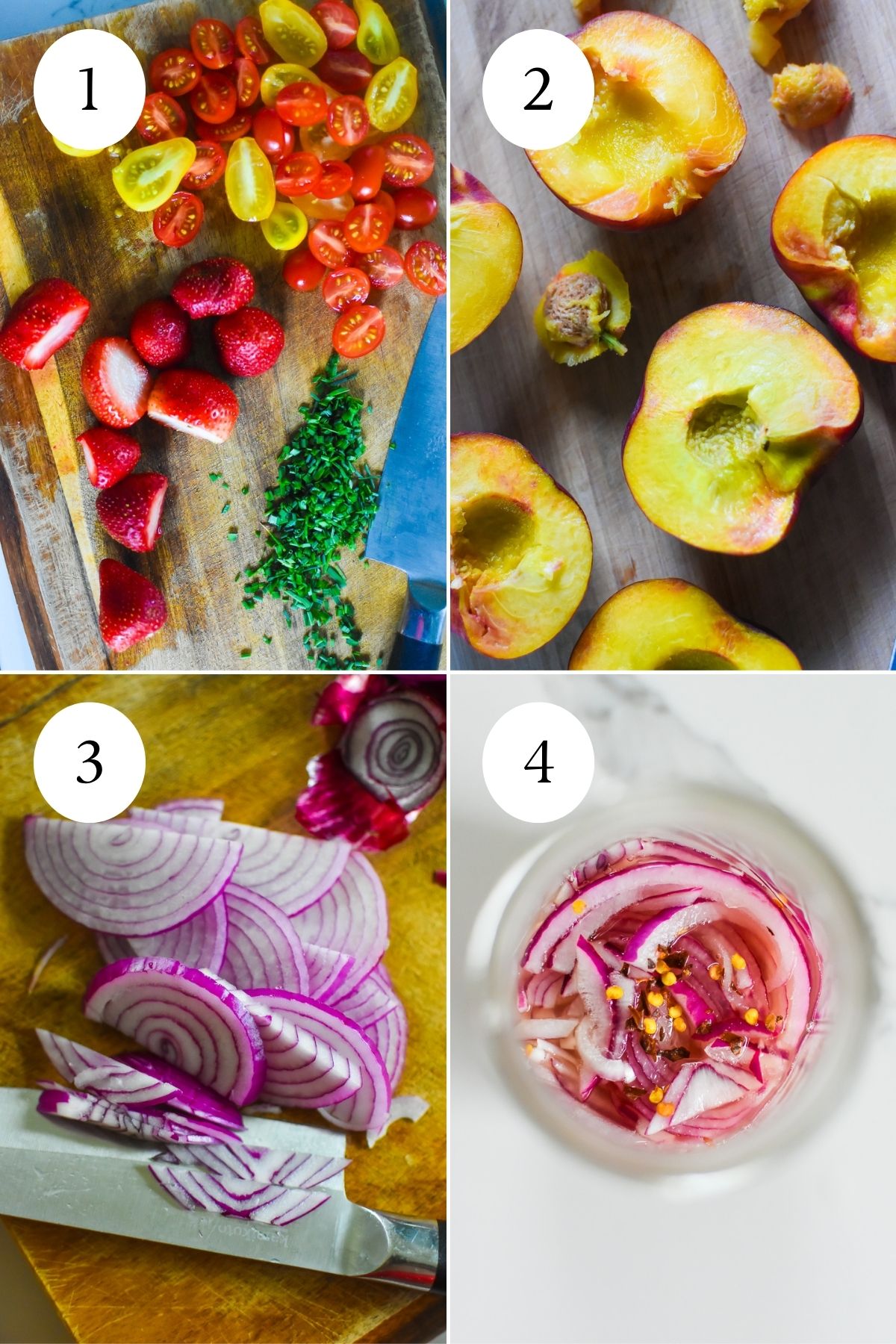 cut fruit and vegetables on cutting boards, and quick pickled red onions in a jar.