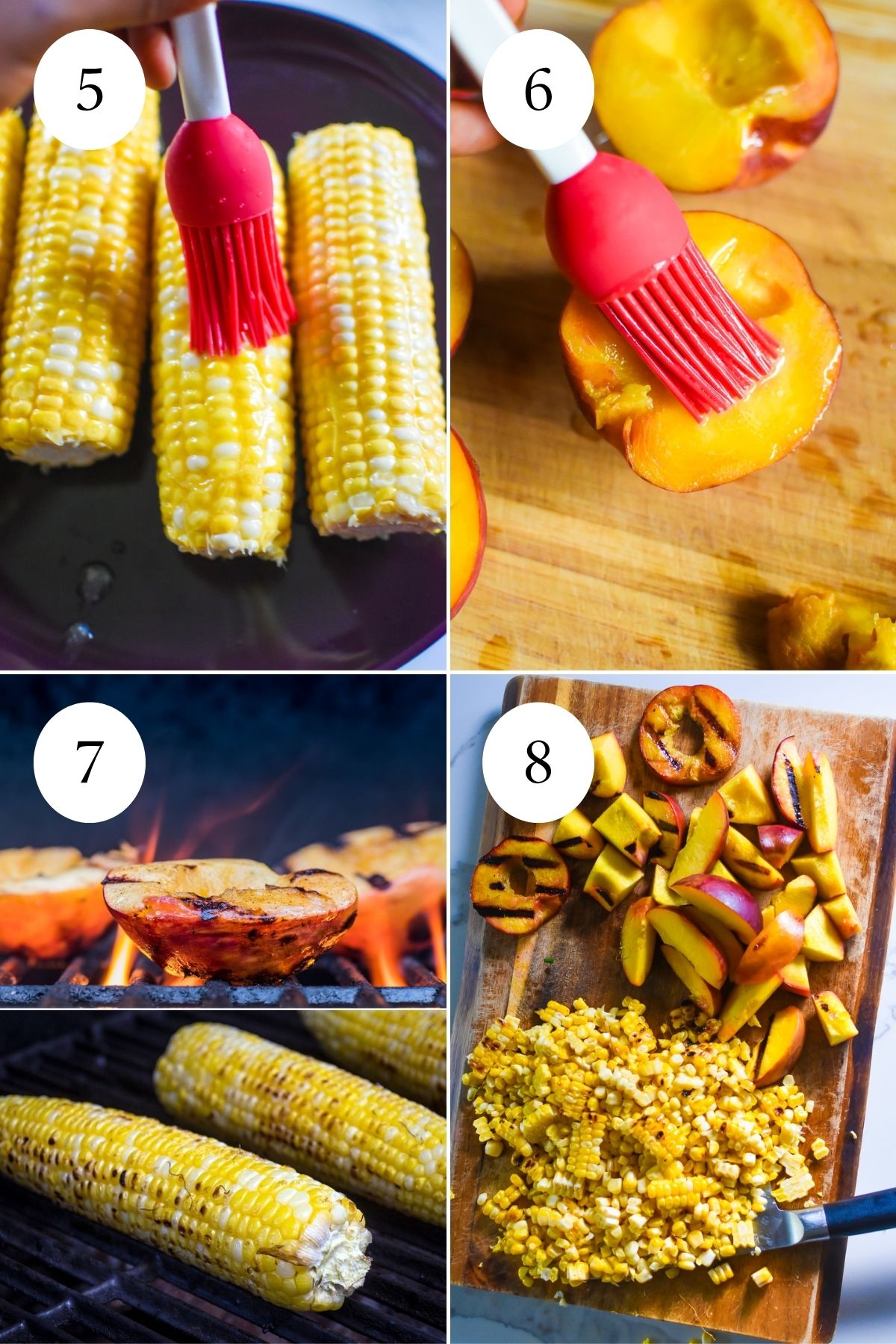 brushing ears of corn and halved peaches with melted butter, grilling them, and cutting the warm fruit on a wooden cutting board.