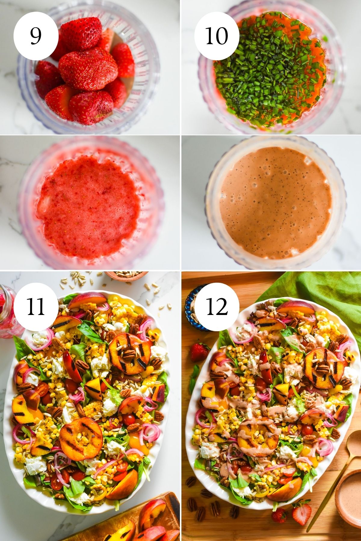 blending strawberries, herbs, and other ingredients to make a dairy-free fruit dressing for summer salad followed by the assembled salad topped with the dresing.