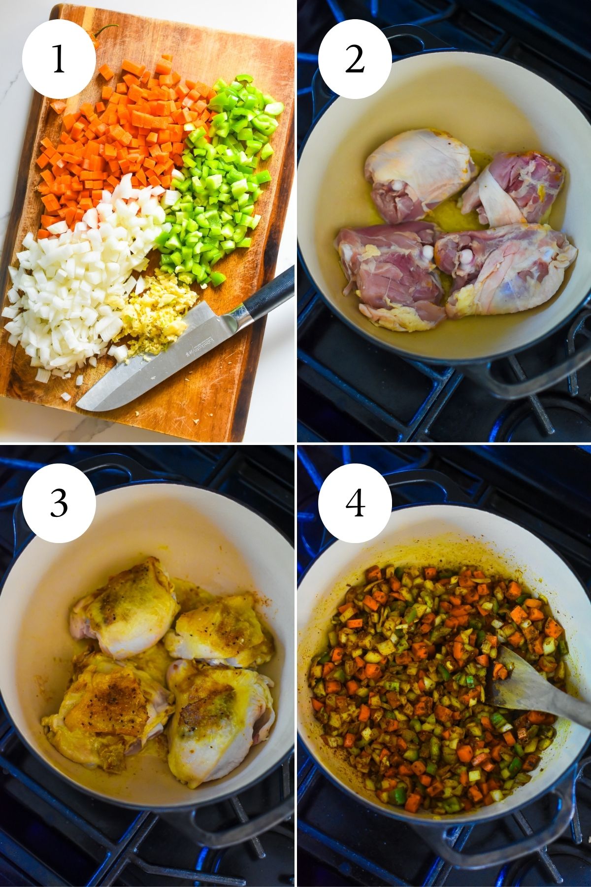 prepping coconut curry chicken and rice one pot meal: dicing the vegetables, searing the chicken in a Dutch oven, and blooming the vegetables with spices and aromatics in the same pan.