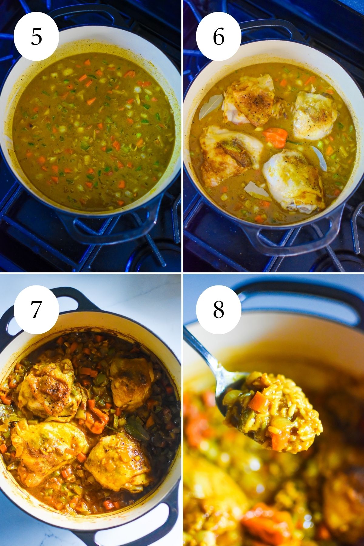 finishing a pot of baked chicken thighs in curry sauce with rice and vegetables in a Dutch oven.