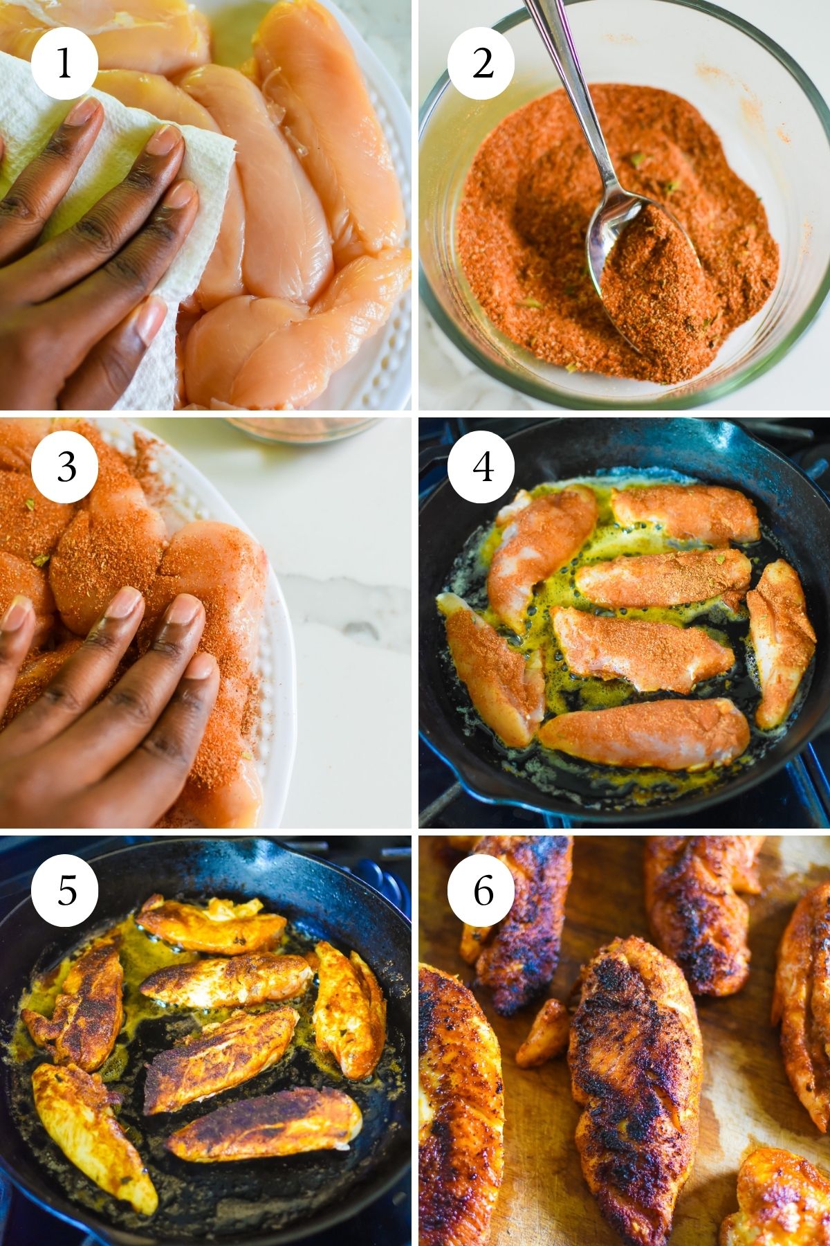 steps for making blackened chicken at home: patting chicken tenderloin strips dry with a paper towel, mixing blackening dry rub in a glass bowl, pressing seasonings into chicken, cooking chicken in pan with hot butter and oil, then resting cooked meat on a wooden cutting board.