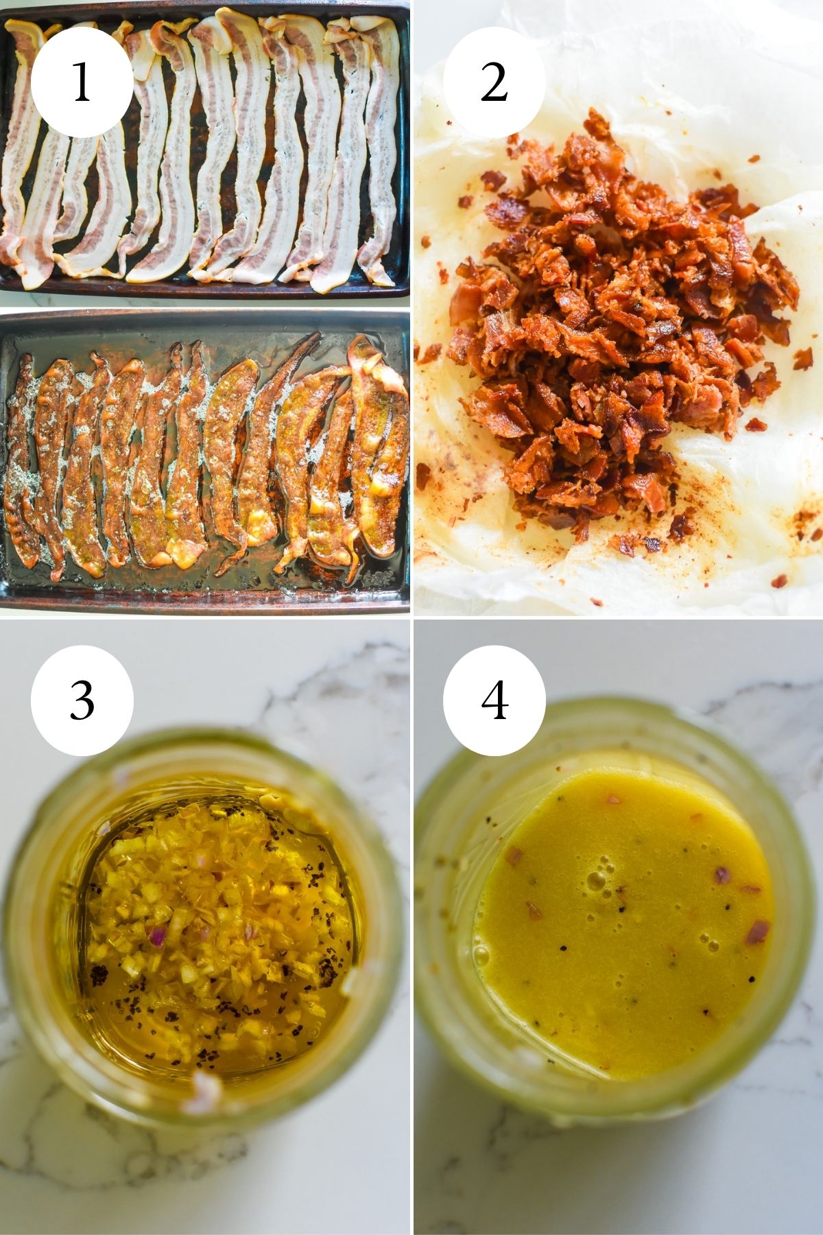 baking bacon on a cookie sheet, then crumbling it into pieces in paper towels; followed by cobb salad vinaigrette dressing shaken in a mason jar.