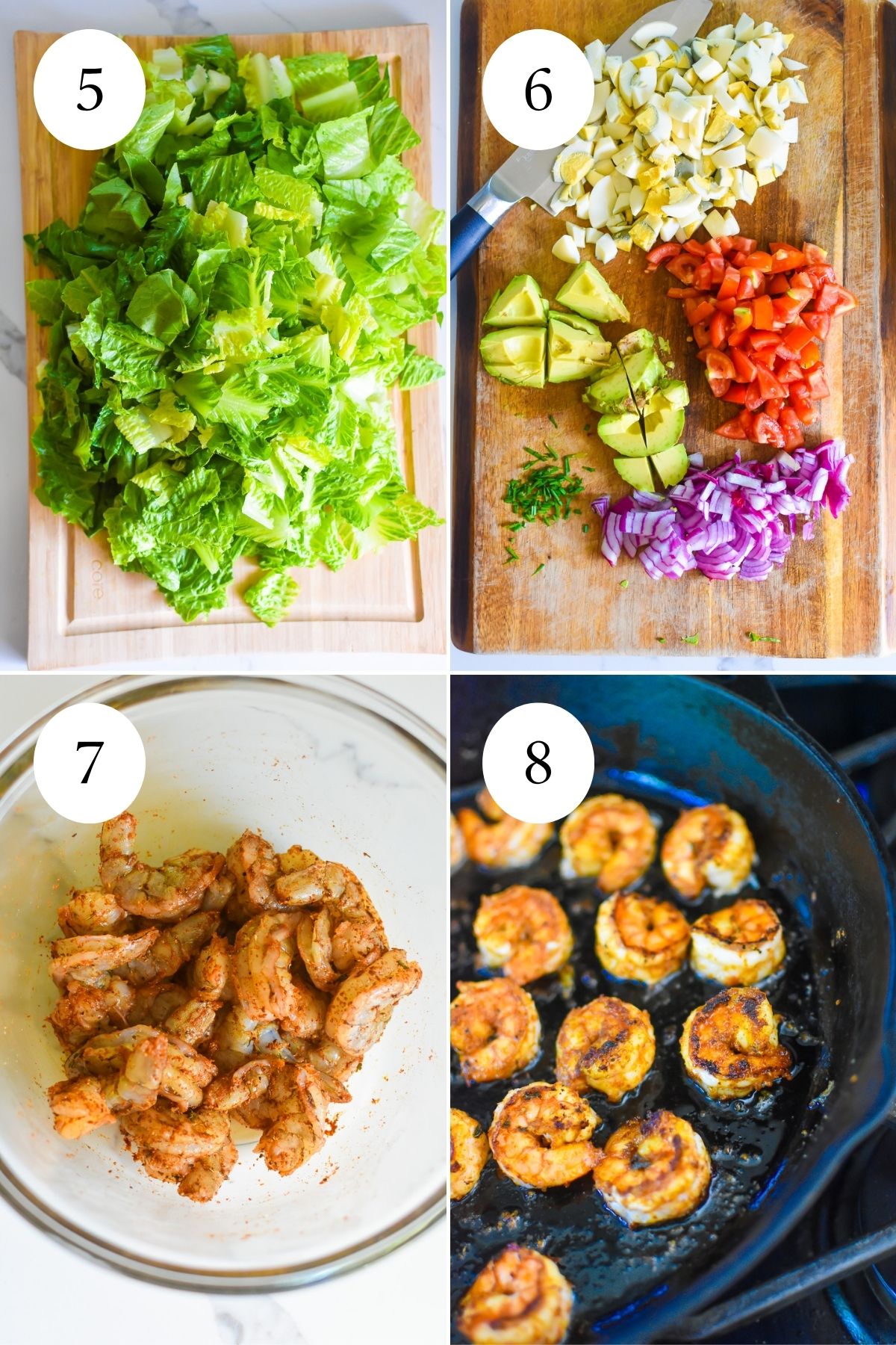 chopped cobb salad main ingredients on wooden cutting boards; shrimp tossed in blackening spices in a mixing bowl, then cooking quickly in a cast iron skillet.