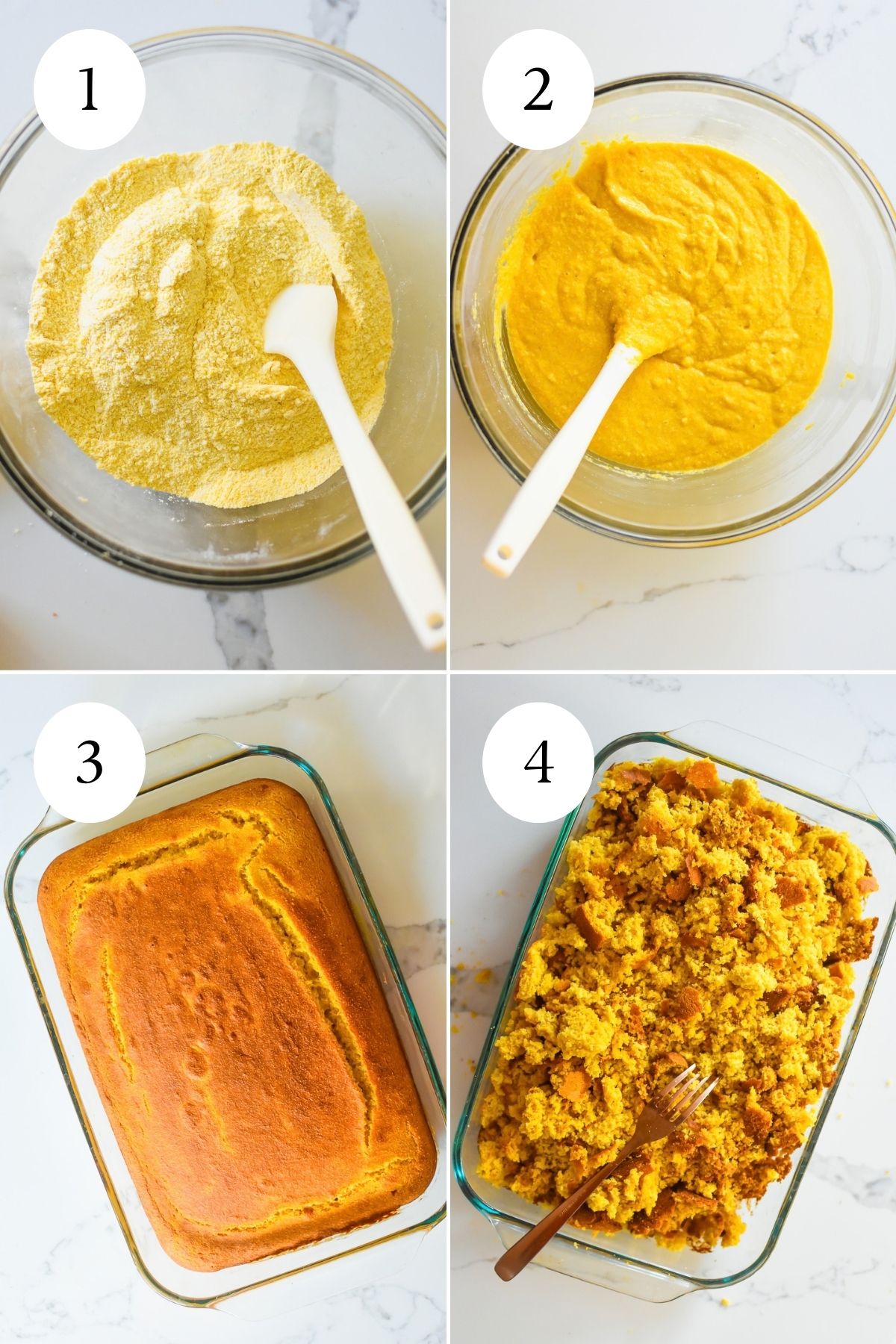 steps for making sweet yellow cornbread for the best cornbread dressing recipe ever: mixed dry ingredients, mixed cornbread batter in glass bowl, golden baked cornbread in oblong pan, and crumbled cornbread in pan.