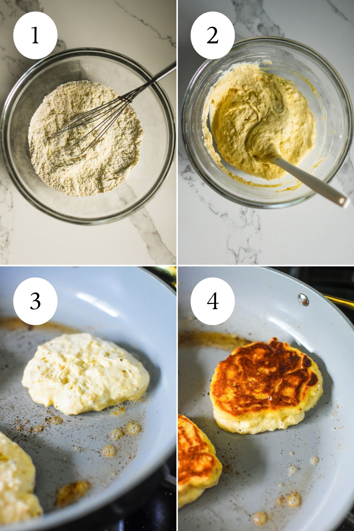 step-by-step making pancakes with plain greek yogurt: mixed dry ingredients, mixed batter, cooking pancakes in skillet of hot butter.