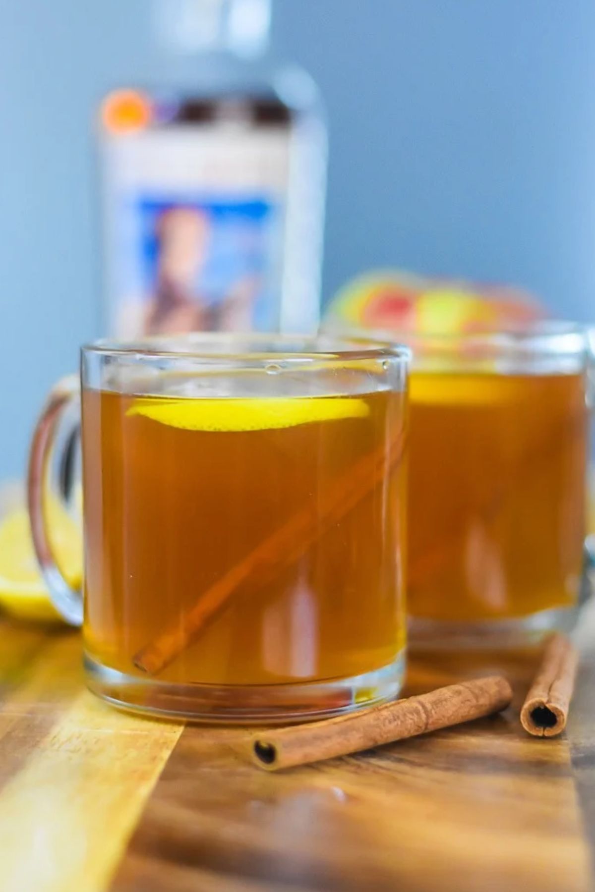 apple cider hot toddies in glass mugs.