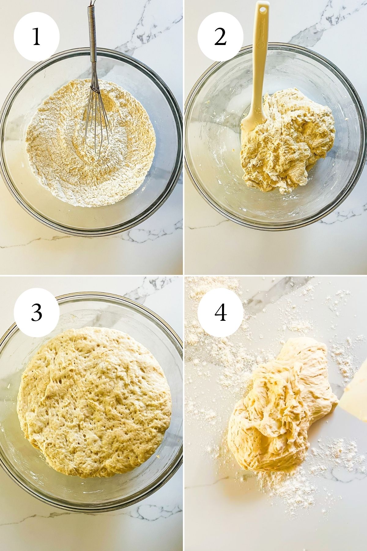 steps to making buttermilk bread dough: whisked dry ingredients, tacky dough in bowl, foamy risen dough, and dough turned out onto floured kitchen counter.