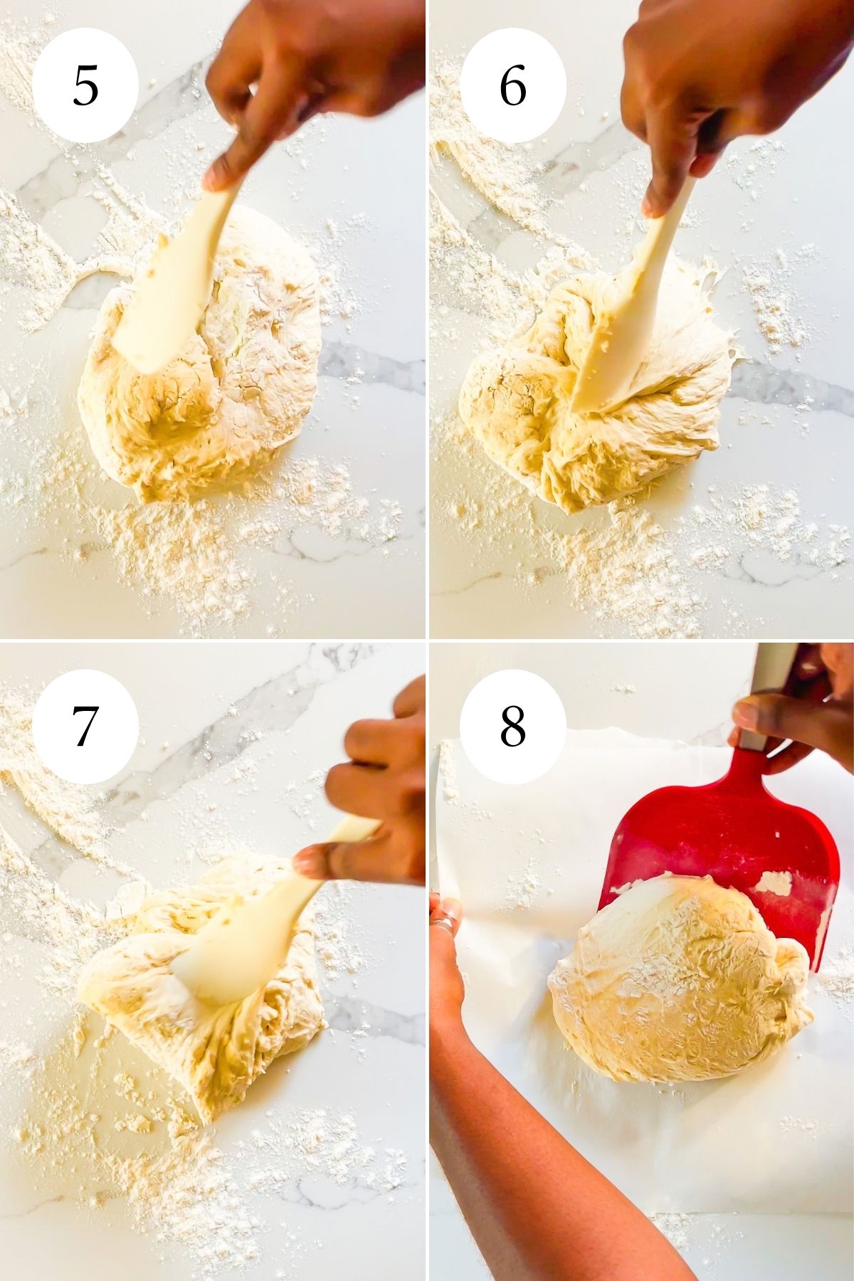 brown hands shaping no-knead dough into a ball with spatula.