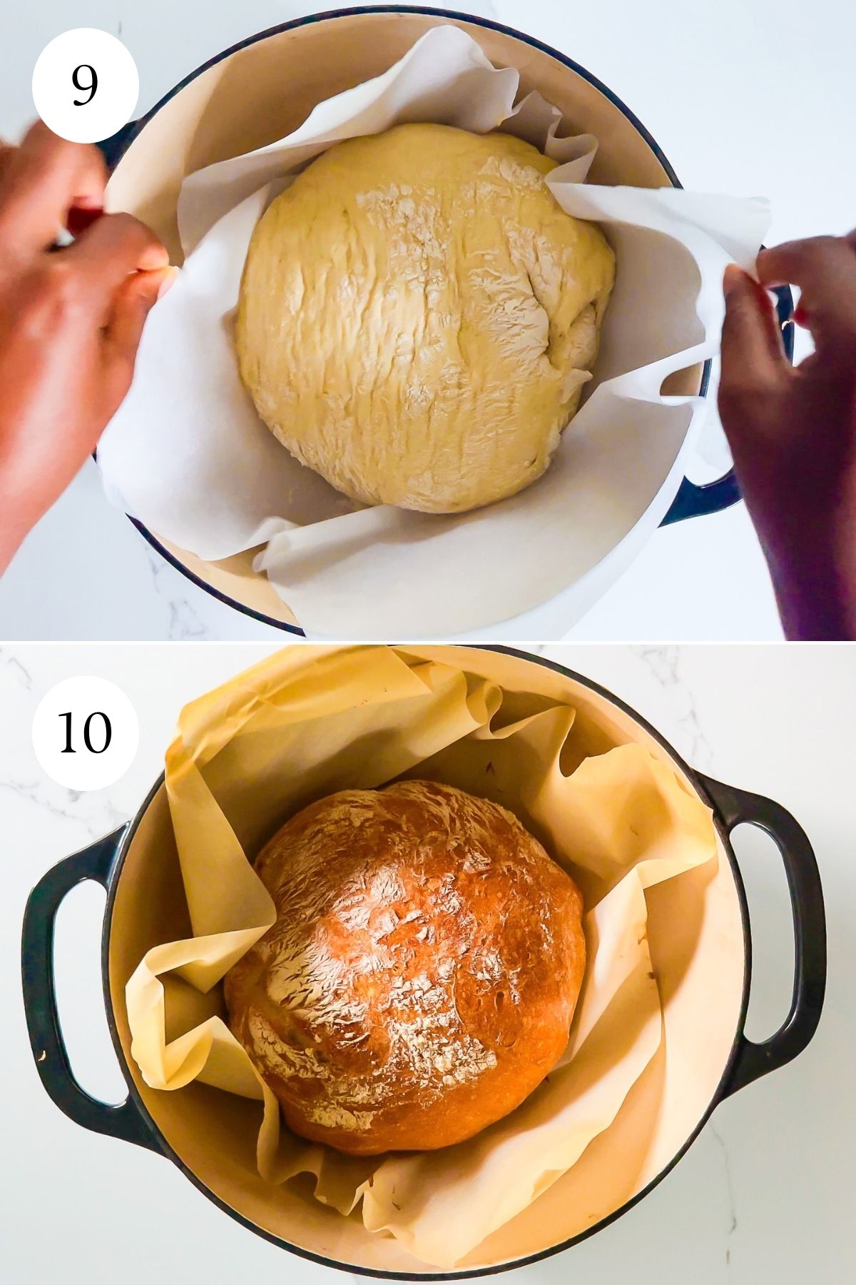 lowering shaped no-knead buttermilk bread dough into hot Lodge Dutch oven, followed by golden brown artisan loaf fresh out of the oven.