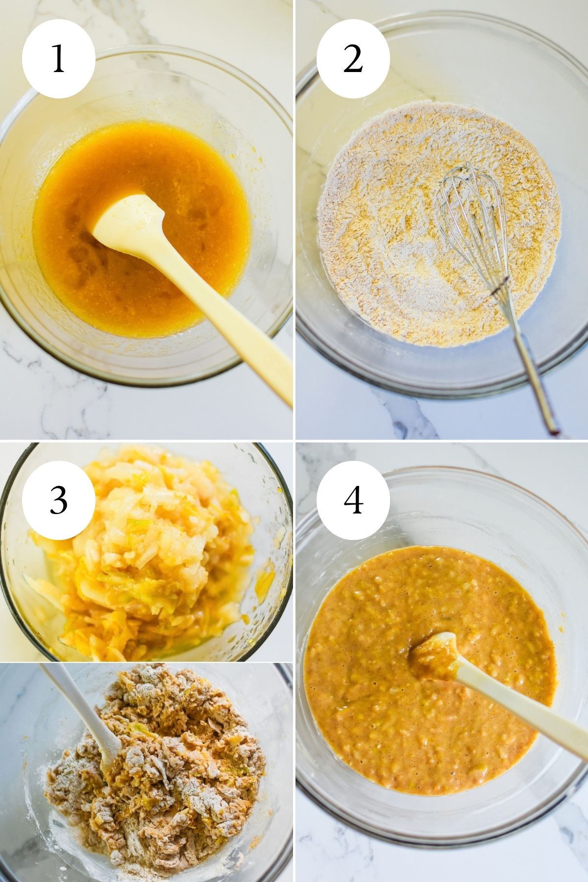 step-by-step preparing the batter for a simple pear cake recipe in glass mixing bowls.