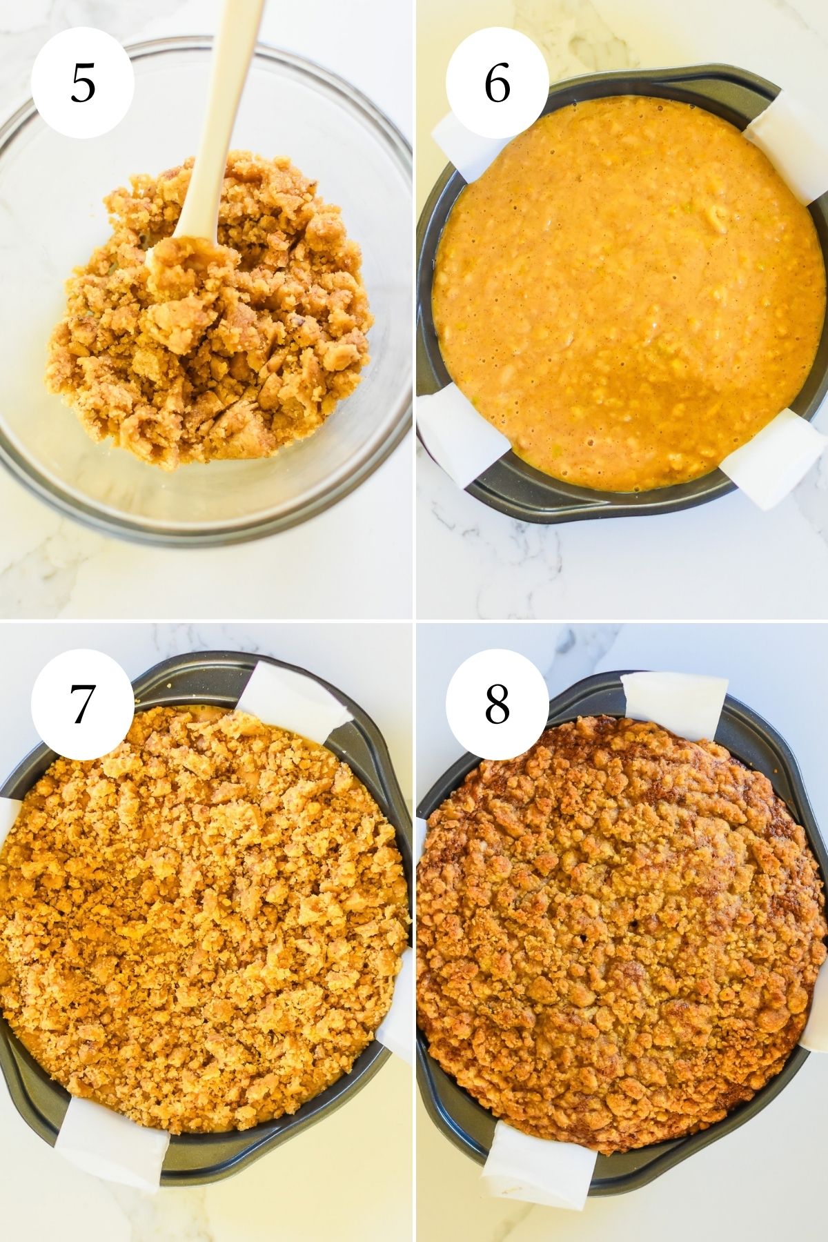 mixed brown sugar streusel, pear vanilla cake batter in pan, topped with streusel, then baked until golden brown.